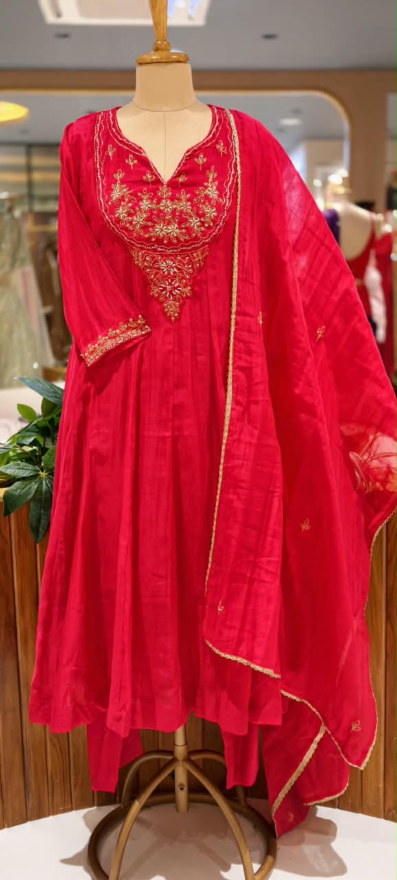 Pure mulchanderi Kali Cut Aline Full Suit Set With Embroidered Yoke 16219