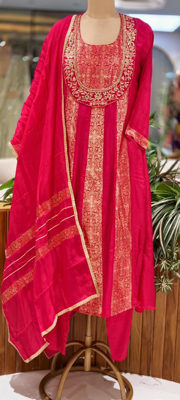 Brocade Panel Aline Russian Silk  Elegant Full Suit Set With Duptta 16998