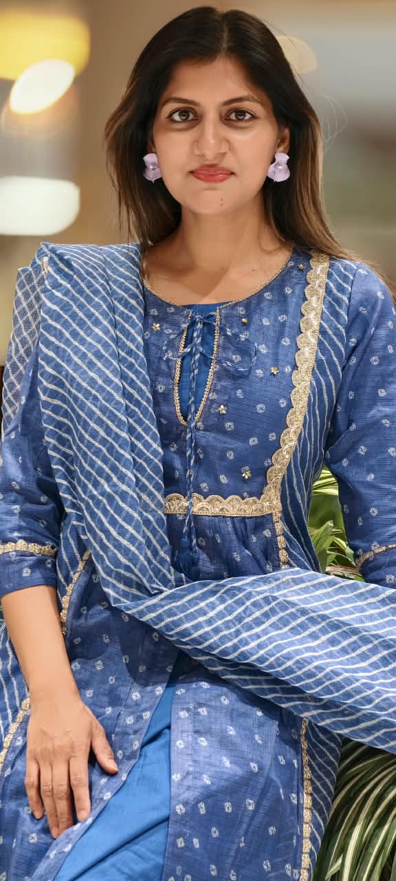 Dusty Blue Rich Golden Embroidery Highlights Kota Doria Bandhani Dots A-Line Full Suit Set With Dupatta- 15986