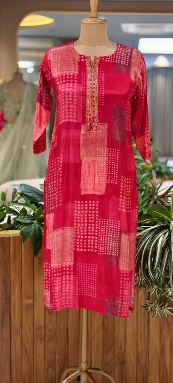 Muslin Fabric Embroidered Yoke Tie-Dye Print Kurti Only- 16606