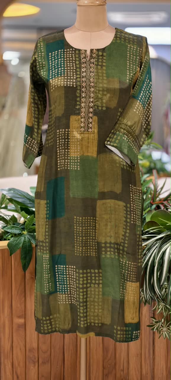 Muslin Fabric Embroidered Yoke Tie-Dye Print Kurti Only- 16606