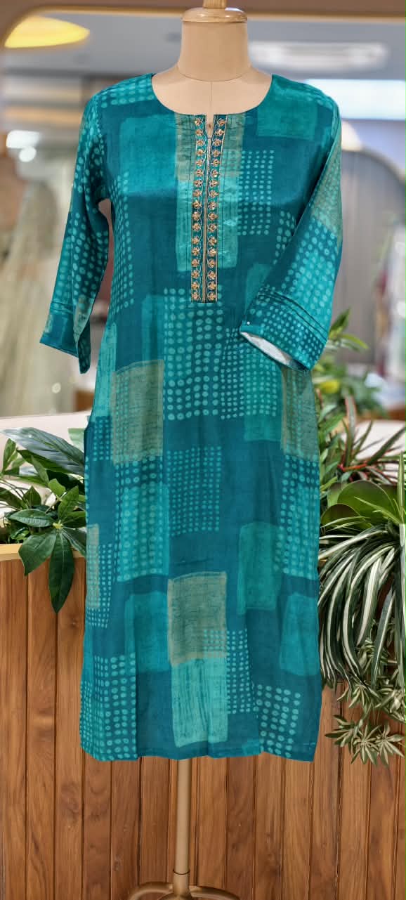 Muslin Fabric Embroidered Yoke Tie-Dye Print Kurti Only- 16606