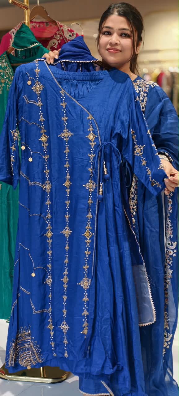 Royal Blue Delicate Golden Placement Handwork Festive Elegance Angrakha Pattern Russian Silk A-Line Full Suit Set With Dupatta- 15813