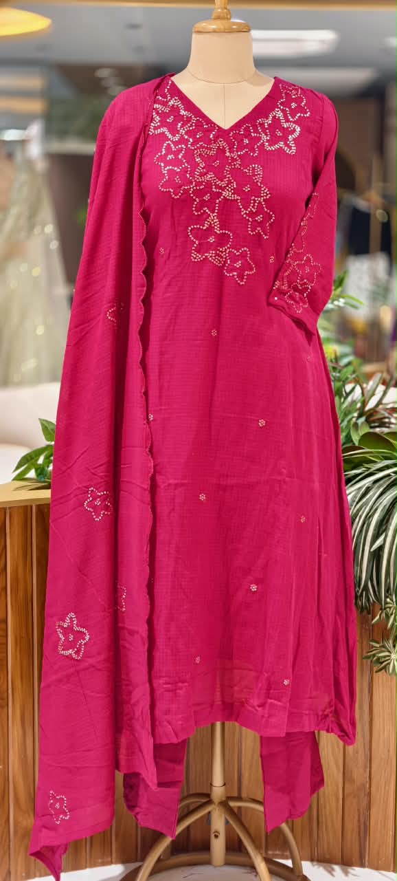 Katha Stitch Embroidered Star Accent Premium Cotton A-Line Full Suit Set With Matching Dupatta- 17014