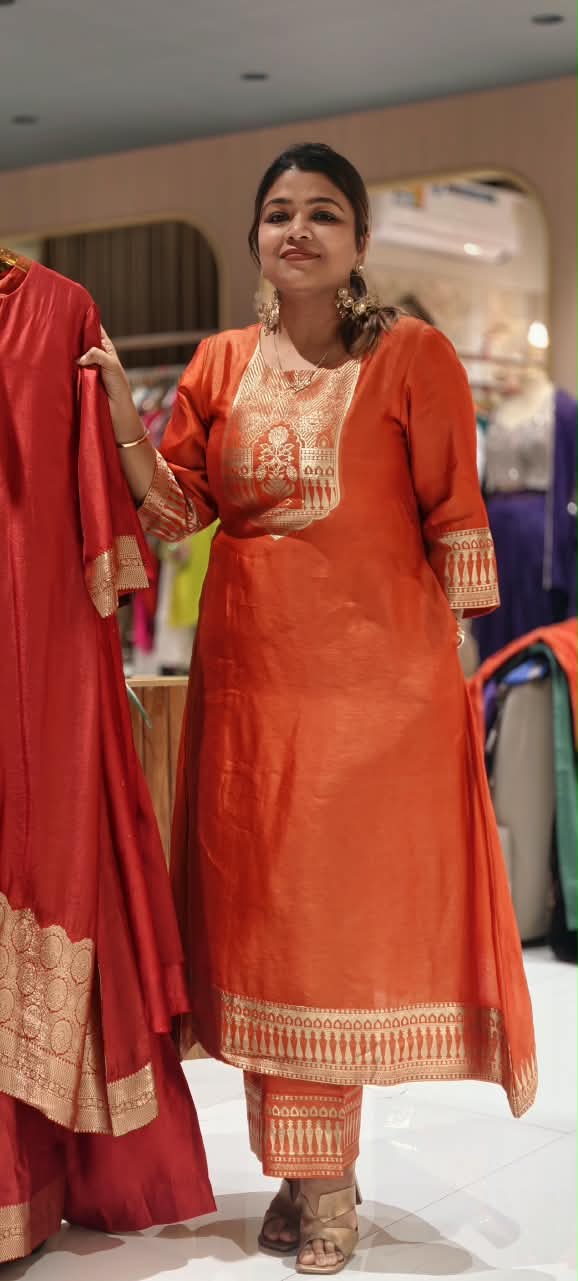 Burnt Orange Round Neckline Antique Gold Traditional Woven Yoke Bordered Premium Raw Silk Aline Kurta Pant Set- 17054