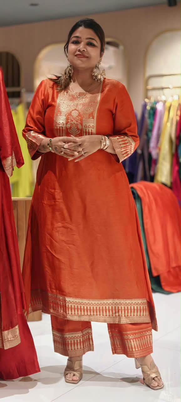 Burnt Orange Round Neckline Antique Gold Traditional Woven Yoke Bordered Premium Raw Silk Aline Kurta Pant Set- 17054