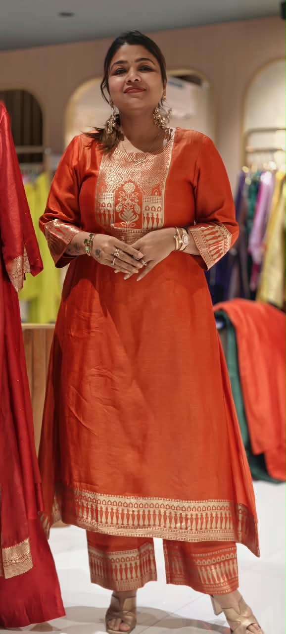 Burnt Orange Round Neckline Antique Gold Traditional Woven Yoke Bordered Premium Raw Silk Aline Kurta Pant Set- 17054