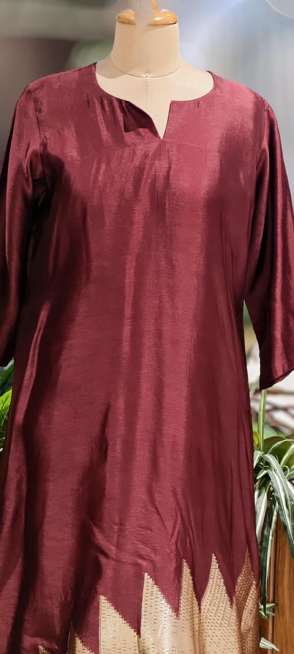 Raw Silk Minimal V-Neckline Statement Antique Gold Geometric Woven Hem Border Aline Kurta and Matching Loose Palazzo Bottom- 17038 Dispatching After 30 Days