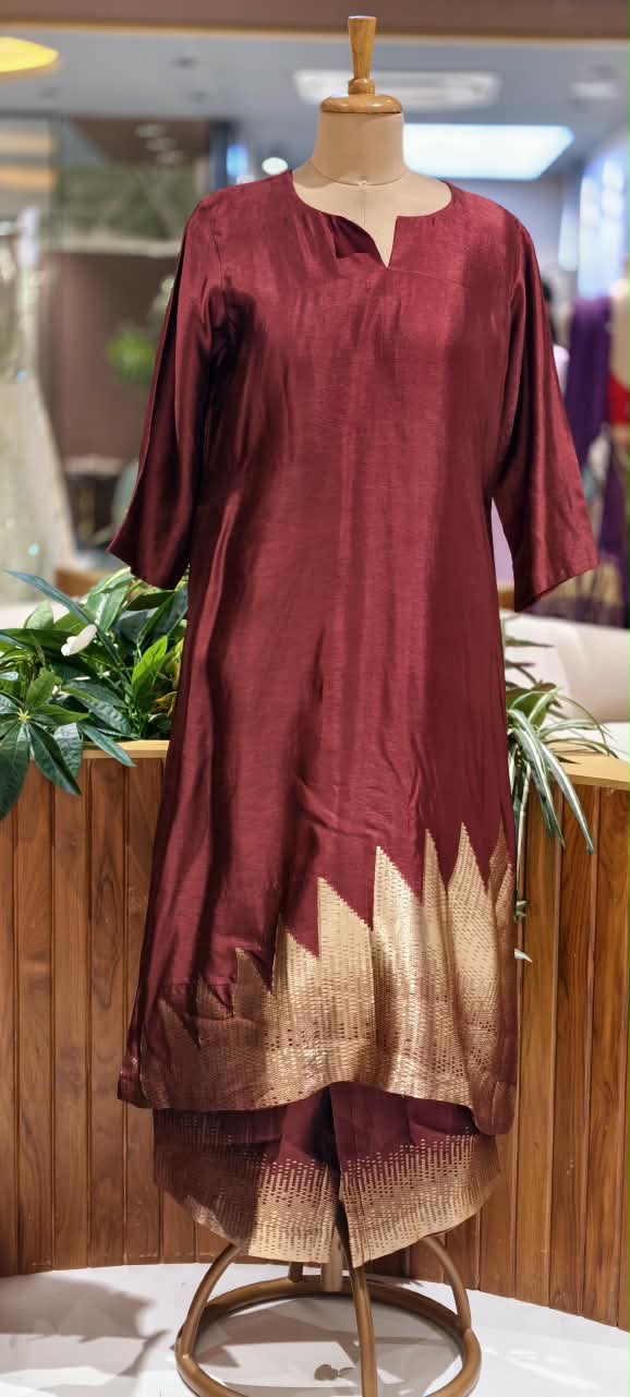 Raw Silk Minimal V-Neckline Statement Antique Gold Geometric Woven Hem Border Aline Kurta and Matching Loose Palazzo Bottom- 17038 Dispatching After 30 Days
