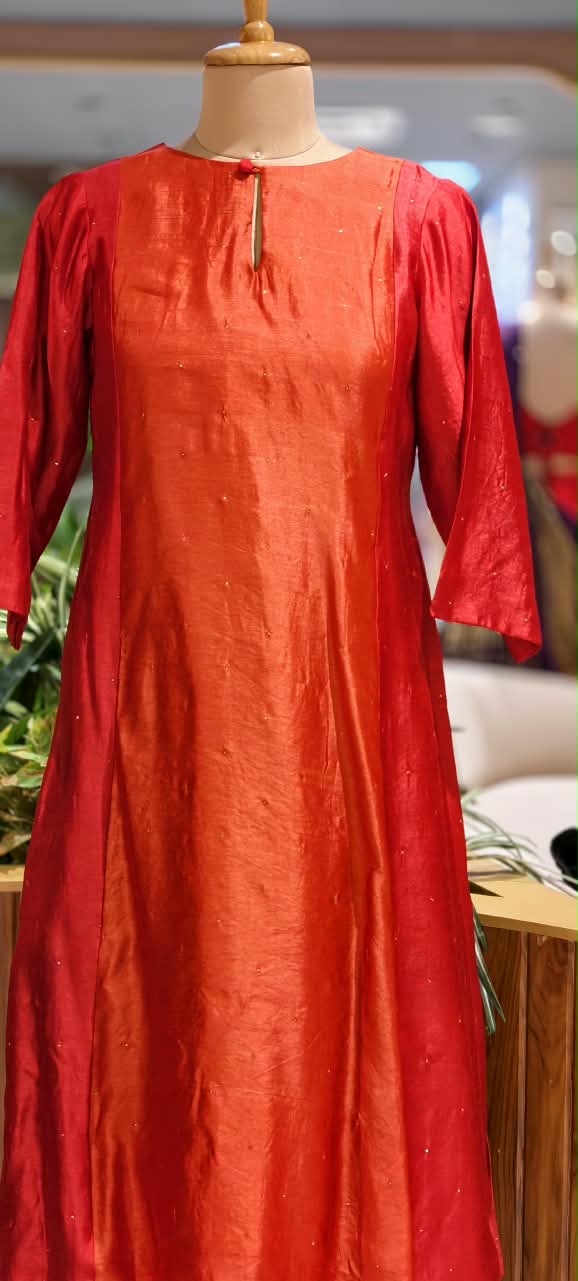 Rust Orange Contrasting Centre Panel Round Neckline, Pure Raw Silk A-Line Kurta With Matching Straight-Fit Pants- 17047