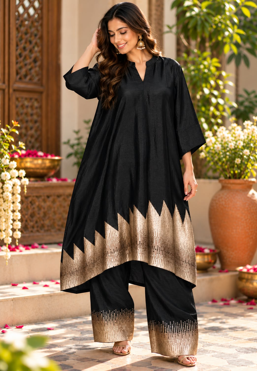 Raw Silk Minimal V-Neckline Statement Antique Gold Geometric Woven Hem Border Aline Kurta and Matching Loose Palazzo Bottom- 17038 Dispatching After 30 Days