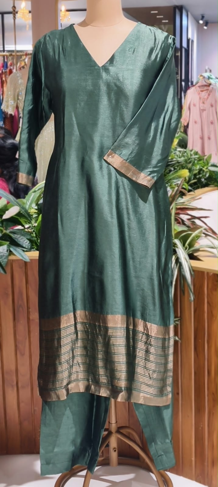 Minimal Metallic Gold Striped and Textured Woven Hem Border Raw Silk Matching Back Patchwork Straight Kurta Side Slit Pant Set - 17055 17056