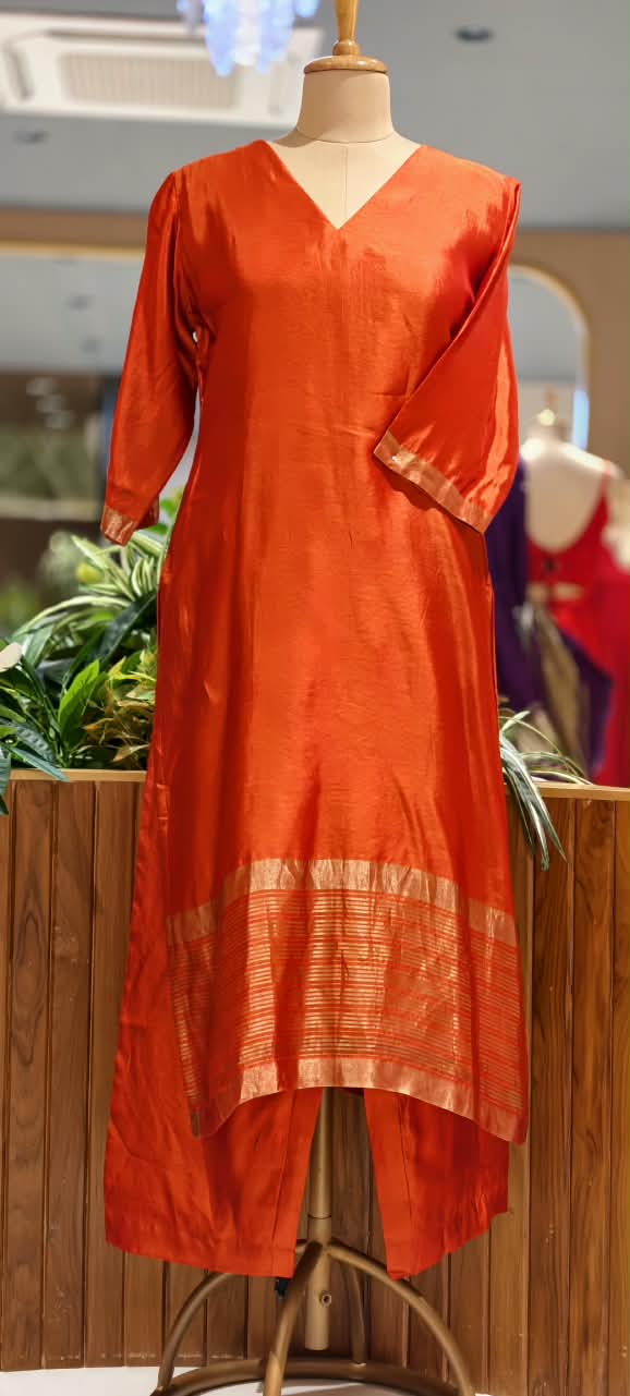 Minimal Metallic Gold Striped and Textured Woven Hem Border Raw Silk Matching Back Patchwork Straight Kurta Side Slit Pant Set - 17055 17056