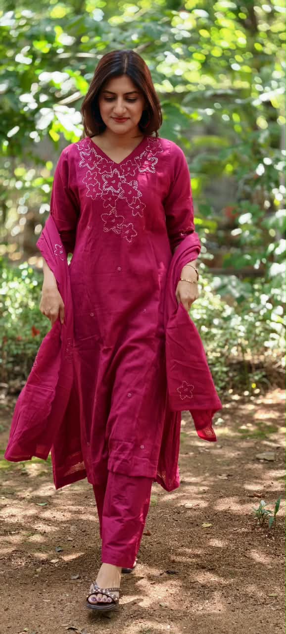 Katha Stitch Embroidered Star Accent Premium Cotton A-Line Full Suit Set With Matching Dupatta- 17014