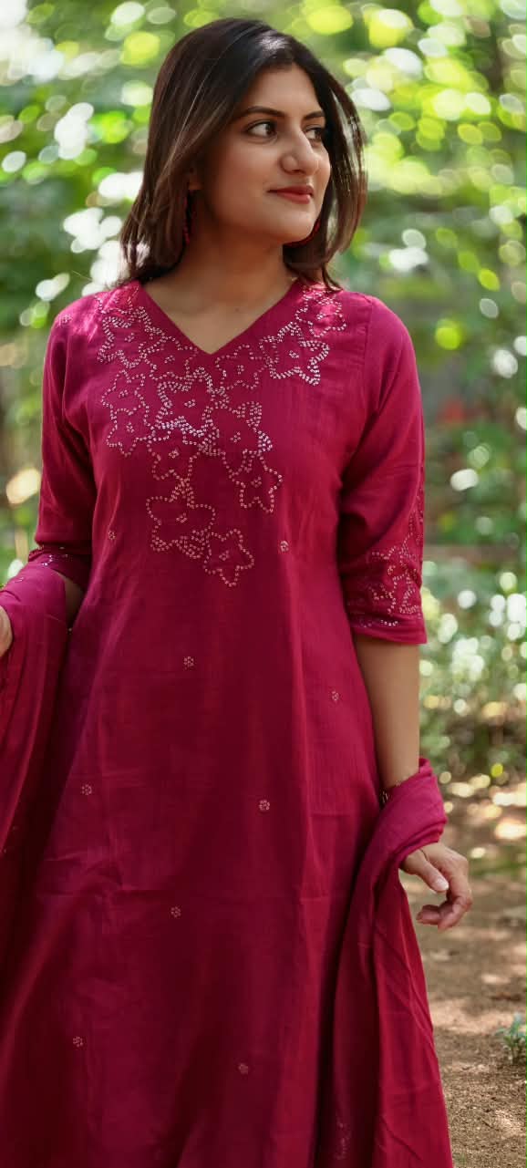 Katha Stitch Embroidered Star Accent Premium Cotton A-Line Full Suit Set With Matching Dupatta- 17014