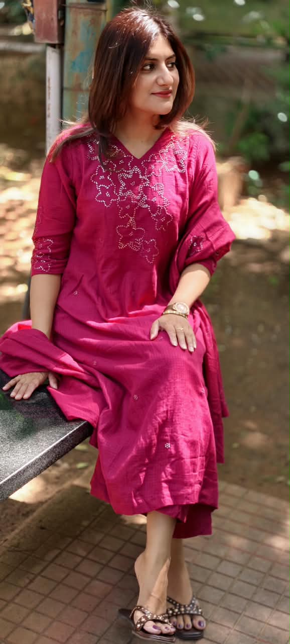 Katha Stitch Embroidered Star Accent Premium Cotton A-Line Full Suit Set With Matching Dupatta- 17014