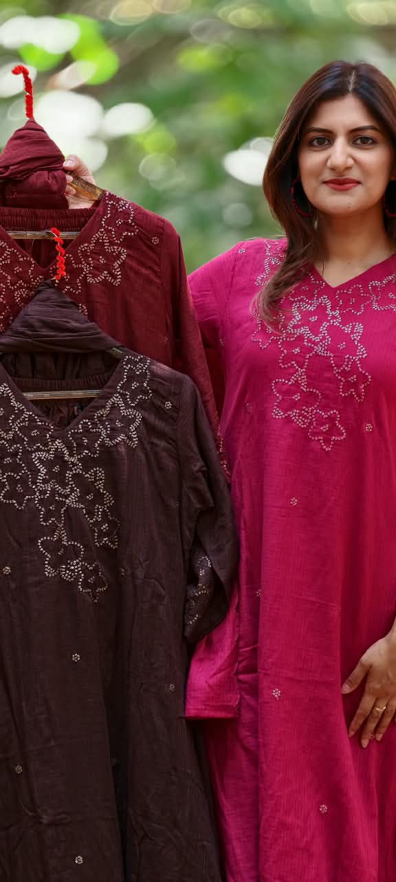 Katha Stitch Embroidered Star Accent Premium Cotton A-Line Full Suit Set With Matching Dupatta- 17014