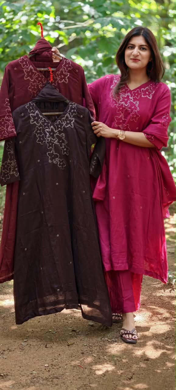 Katha Stitch Embroidered Star Accent Premium Cotton A-Line Full Suit Set With Matching Dupatta- 17014