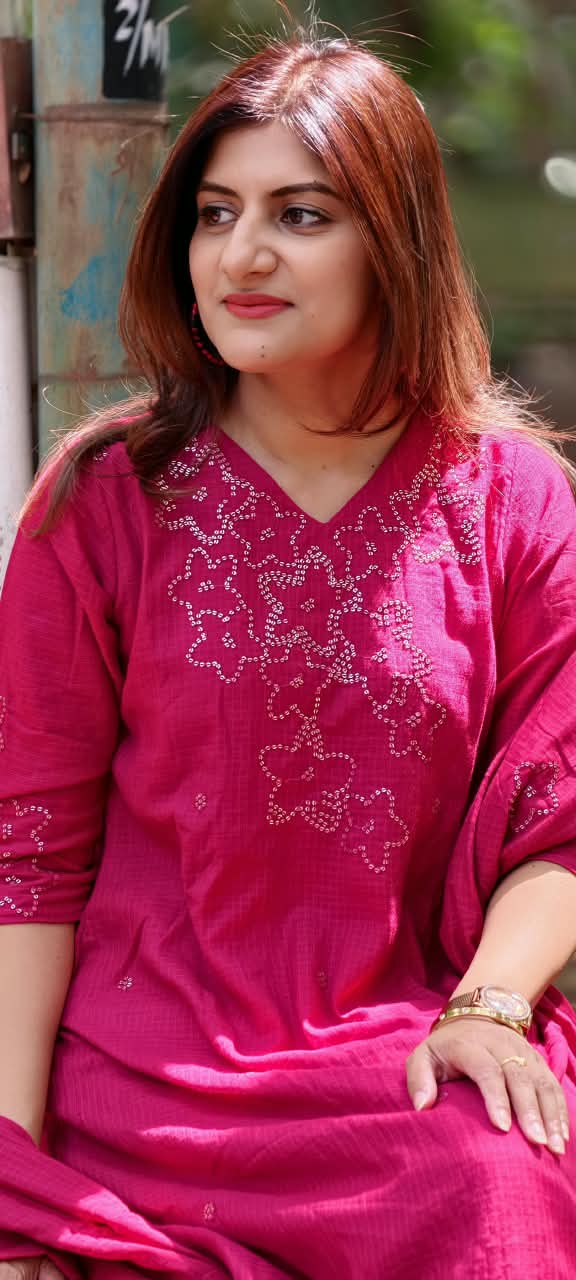 Katha Stitch Embroidered Star Accent Premium Cotton A-Line Full Suit Set With Matching Dupatta- 17014