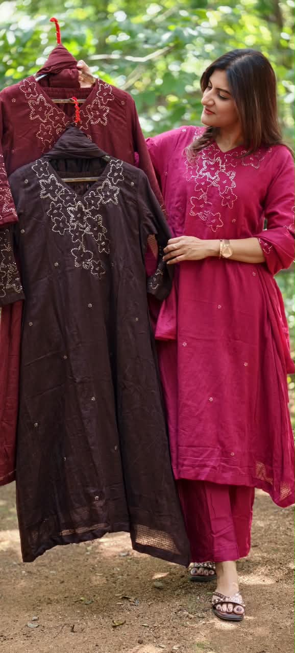 Katha Stitch Embroidered Star Accent Premium Cotton A-Line Full Suit Set With Matching Dupatta- 17014