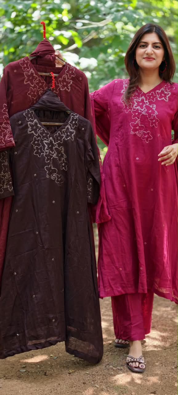 Katha Stitch Embroidered Star Accent Premium Cotton A-Line Full Suit Set With Matching Dupatta- 17014