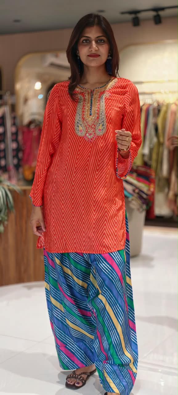 Orange Chevron Diagonal Printed Crepe Short Kurti With Intricate Heavy Embroidered Scoop Neckline and Multicolor Leheriya Farshi Salwar- 16993