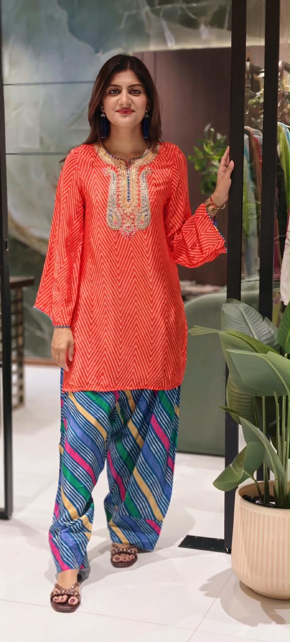 Orange Chevron Diagonal Printed Crepe Short Kurti With Intricate Heavy Embroidered Scoop Neckline and Multicolor Leheriya Farshi Salwar- 16993