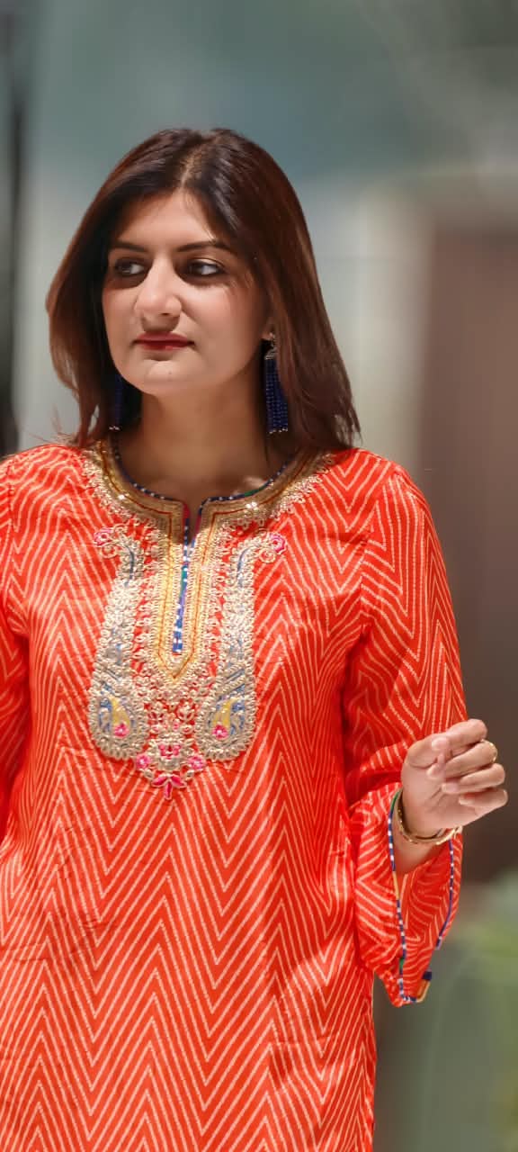 Orange Chevron Diagonal Printed Crepe Short Kurti With Intricate Heavy Embroidered Scoop Neckline and Multicolor Leheriya Farshi Salwar- 16993