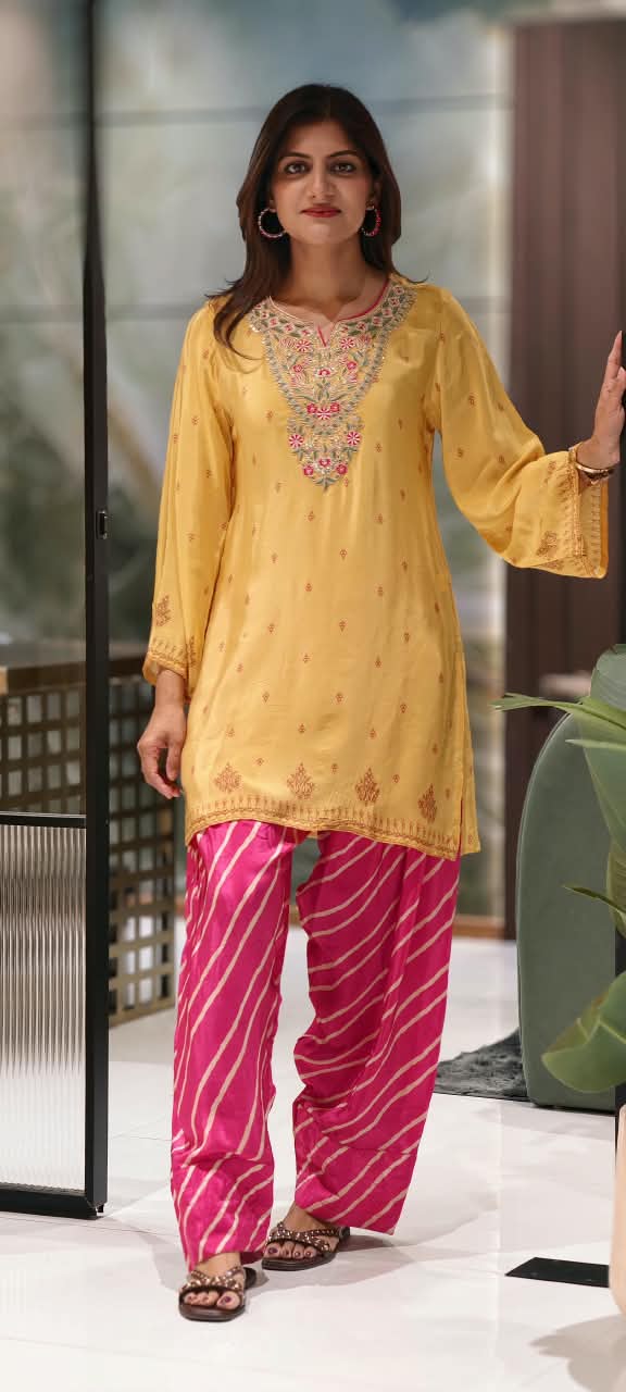 Mustard Yellow Crepe Short Kurta with Floral Embroidered V-Neck Placket, with Hot Pink Leheriya Farshi Salwar- 16992