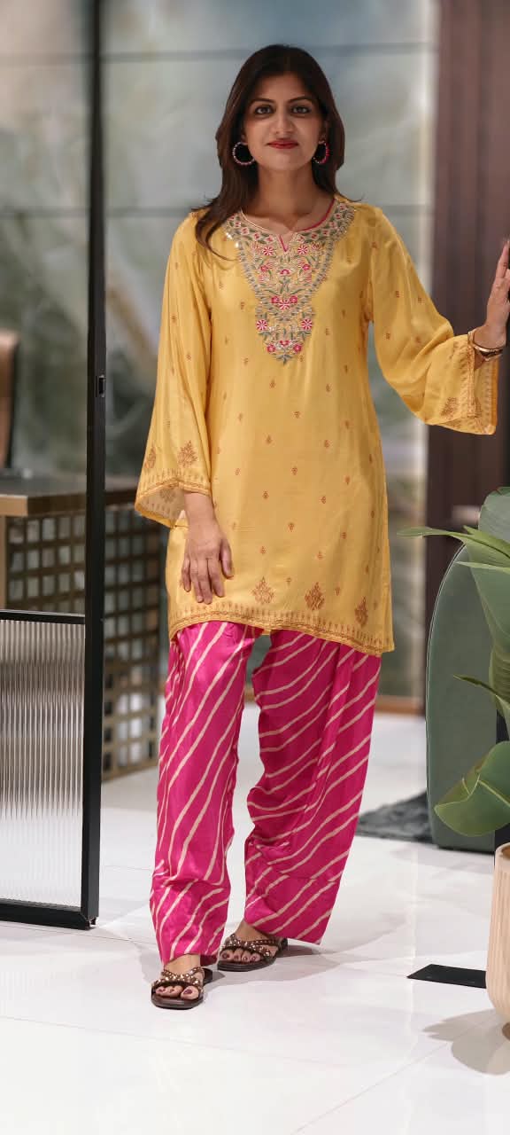 Mustard Yellow Crepe Short Kurta with Floral Embroidered V-Neck Placket, with Hot Pink Leheriya Farshi Salwar- 16992
