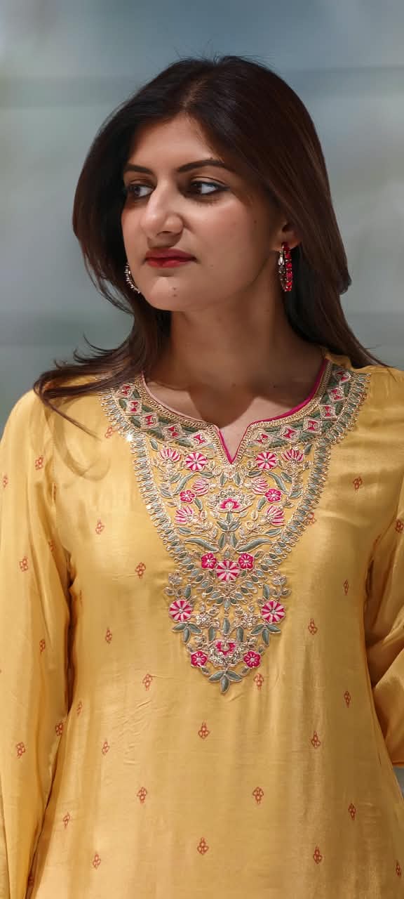 Mustard Yellow Crepe Short Kurta with Floral Embroidered V-Neck Placket, with Hot Pink Leheriya Farshi Salwar- 16992