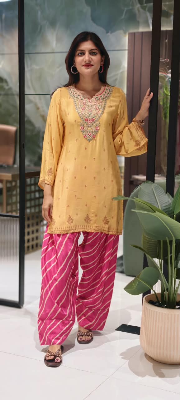 Mustard Yellow Crepe Short Kurta with Floral Embroidered V-Neck Placket, with Hot Pink Leheriya Farshi Salwar- 16992