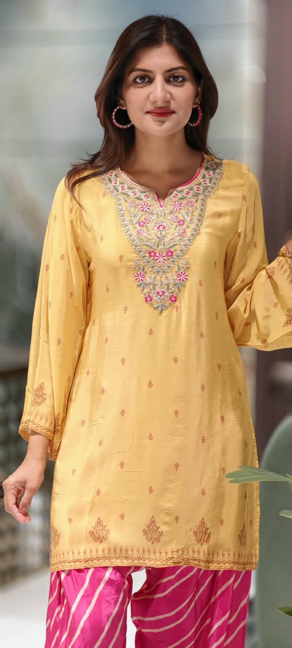 Mustard Yellow Crepe Short Kurta with Floral Embroidered V-Neck Placket, with Hot Pink Leheriya Farshi Salwar- 16992