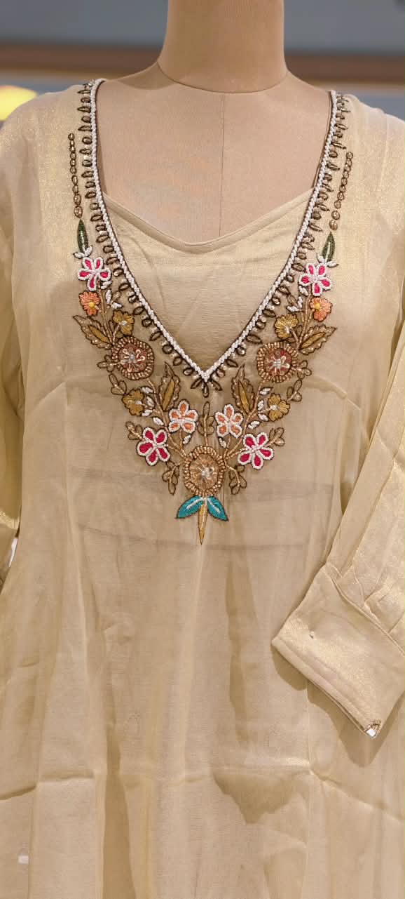 Ivory Intricate Floral Embroidery Bustier & Outer Style Co-Ord Set In Tissue Fabric- 17028