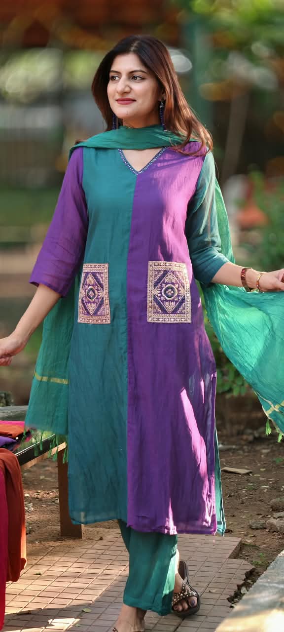Dual Tone V-Neck Square Pocket Accented Mul-Chanderi Full Suit Set With Dupatta- 17017