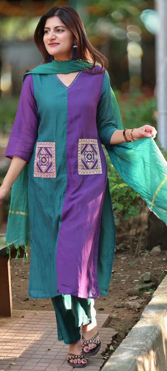 Dual Tone V-Neck Square Pocket Accented Mul-Chanderi Full Suit Set With Dupatta- 17017