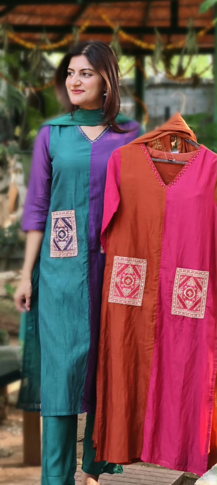 Dual Tone V-Neck Square Pocket Accented Mul-Chanderi Full Suit Set With Dupatta- 17017