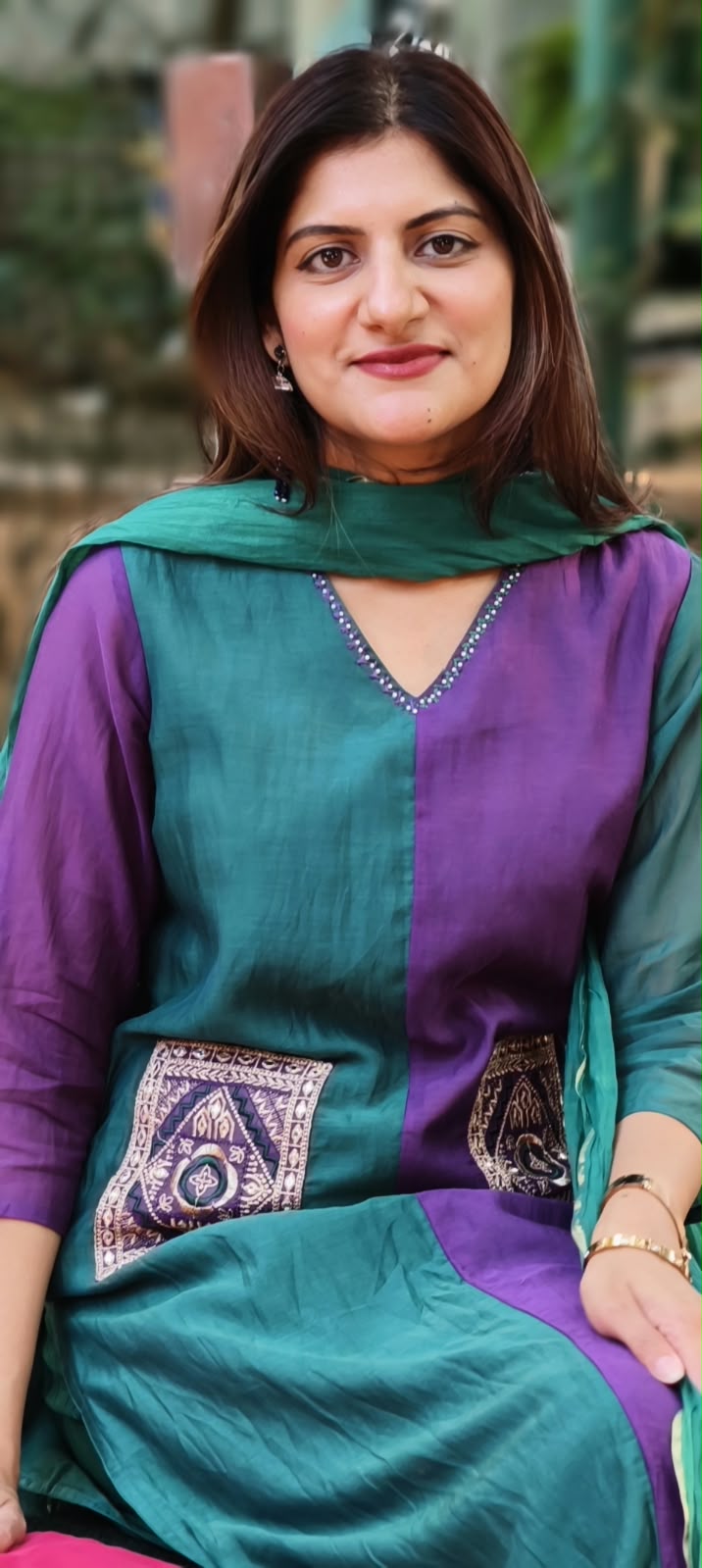 Dual Tone V-Neck Square Pocket Accented Mul-Chanderi Full Suit Set With Dupatta- 17017