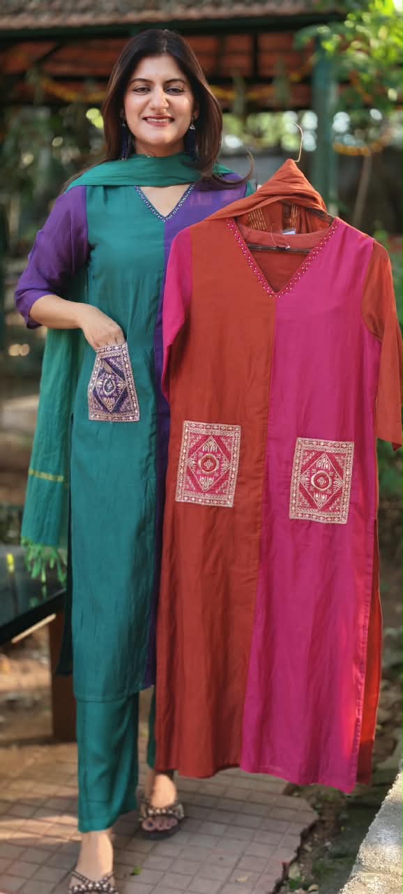 Dual Tone V-Neck Square Pocket Accented Mul-Chanderi Full Suit Set With Dupatta- 17017