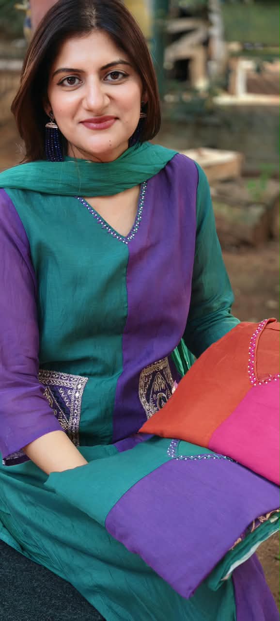 Dual Tone V-Neck Square Pocket Accented Mul-Chanderi Full Suit Set With Dupatta- 17017