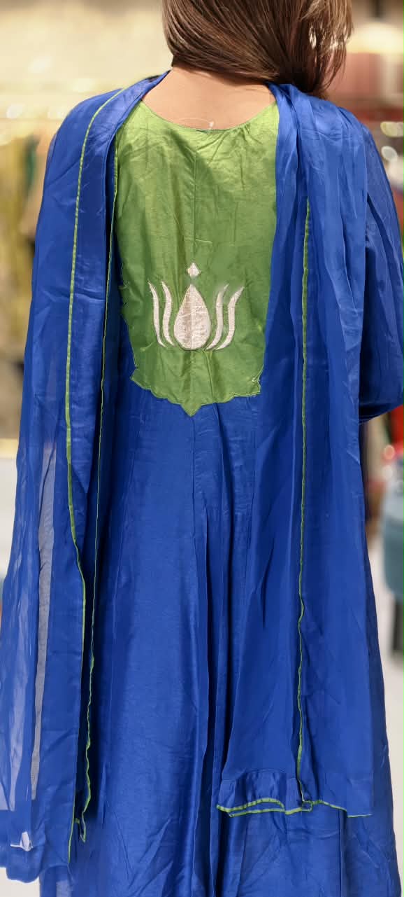 Royal Blue Appliqué with Green Contrast Patchwork & Tassel Details Anarkali Full Suit Set With Dupatta- 16927