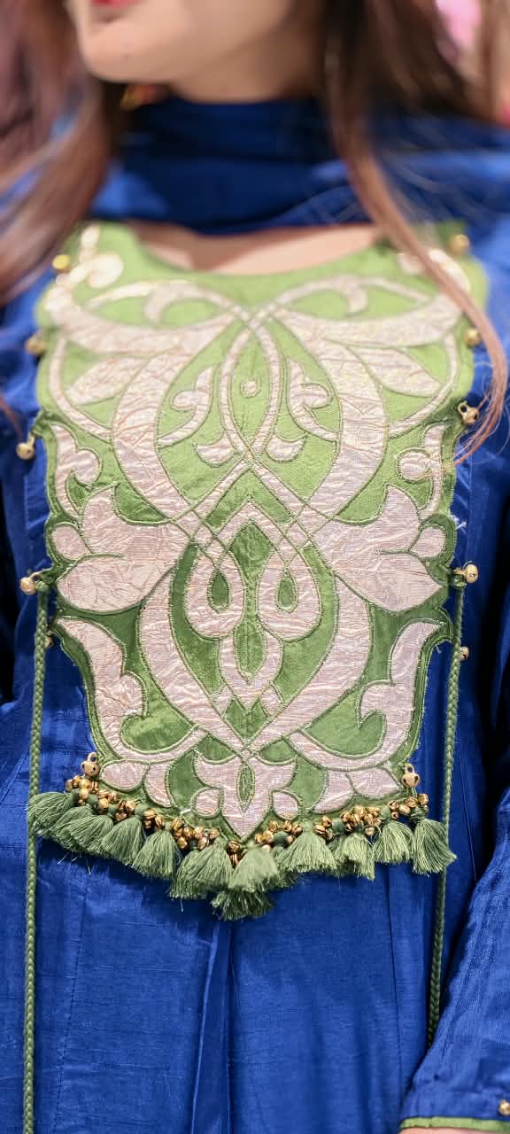 Royal Blue Appliqué with Green Contrast Patchwork & Tassel Details Anarkali Full Suit Set With Dupatta- 16927