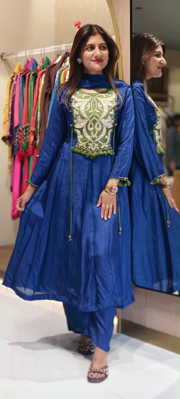 Royal Blue Appliqué with Green Contrast Patchwork & Tassel Details Anarkali Full Suit Set With Dupatta- 16927