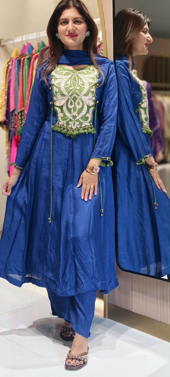 Royal Blue Appliqué with Green Contrast Patchwork & Tassel Details Anarkali Full Suit Set With Dupatta- 16927