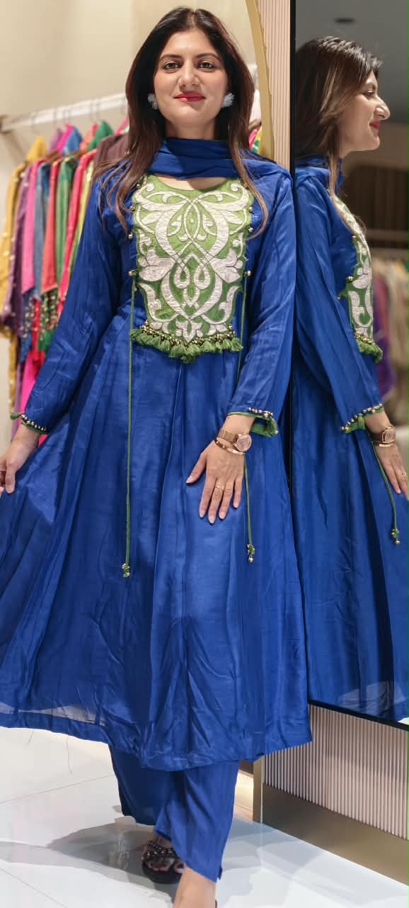 Royal Blue Appliqué with Green Contrast Patchwork & Tassel Details Anarkali Full Suit Set With Dupatta- 16927