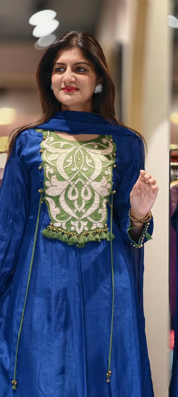 Royal Blue Appliqué with Green Contrast Patchwork & Tassel Details Anarkali Full Suit Set With Dupatta- 16927