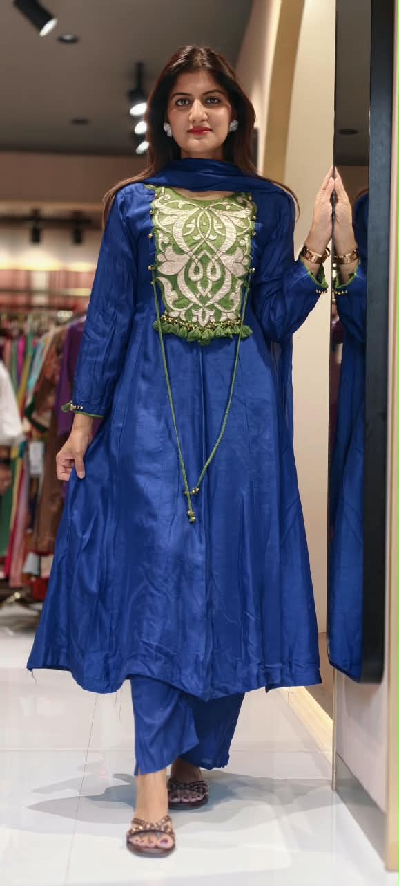 Royal Blue Appliqué with Green Contrast Patchwork & Tassel Details Anarkali Full Suit Set With Dupatta- 16927