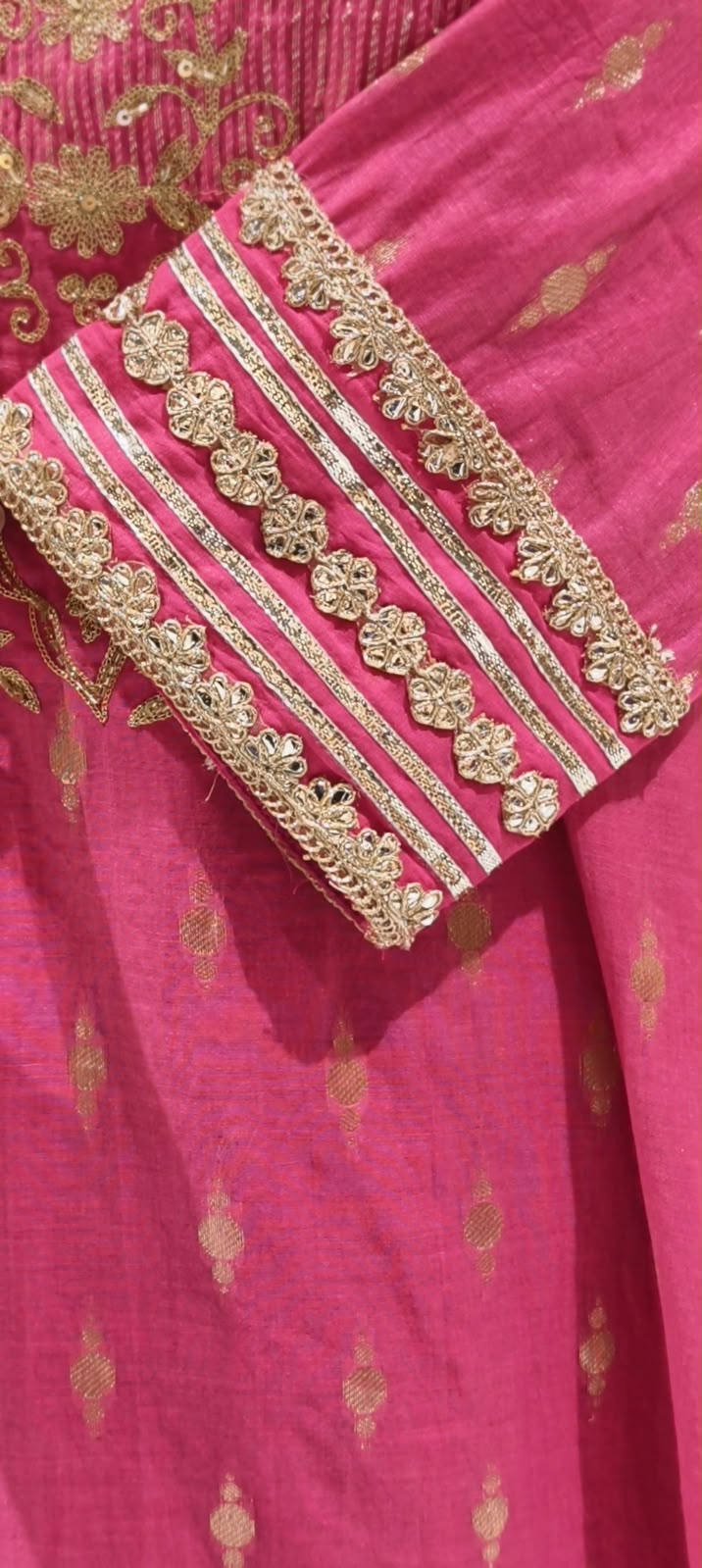 Elegant Golden Intricate Embroidered Blush Pink Kota Doria Full Suit Set With Dupatta- 17078