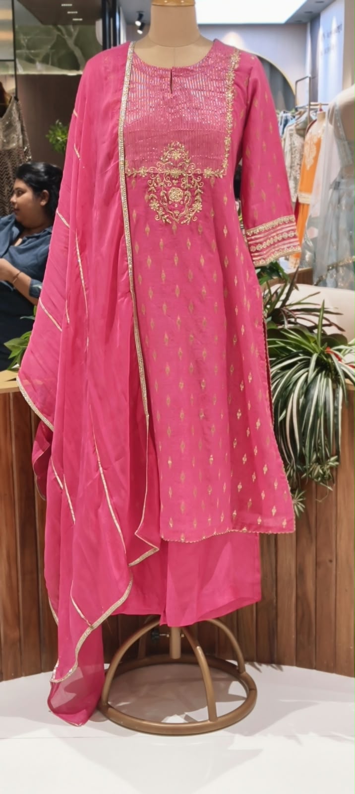 Elegant Golden Intricate Embroidered Blush Pink Kota Doria Full Suit Set With Dupatta- 17078