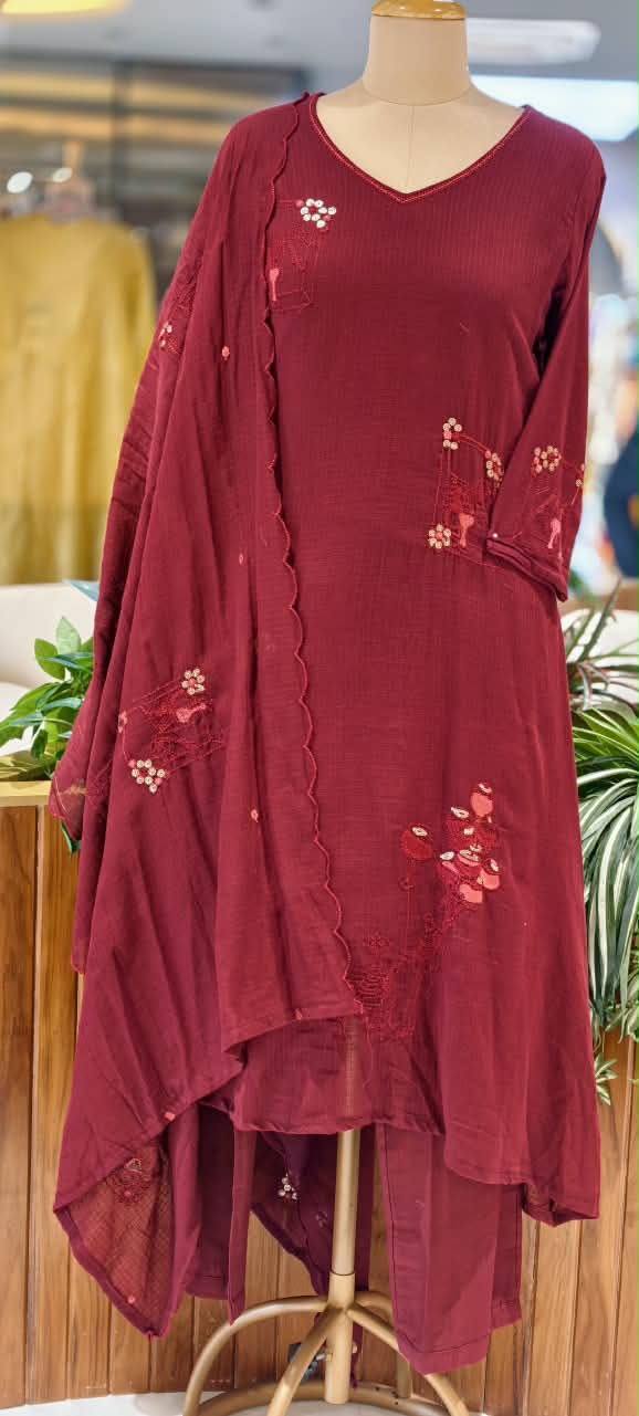 Banarasi Kota Checks Intricate Scattered Floral Embroidery A-Line Solid Full Suit Set With Dupatta- 16882